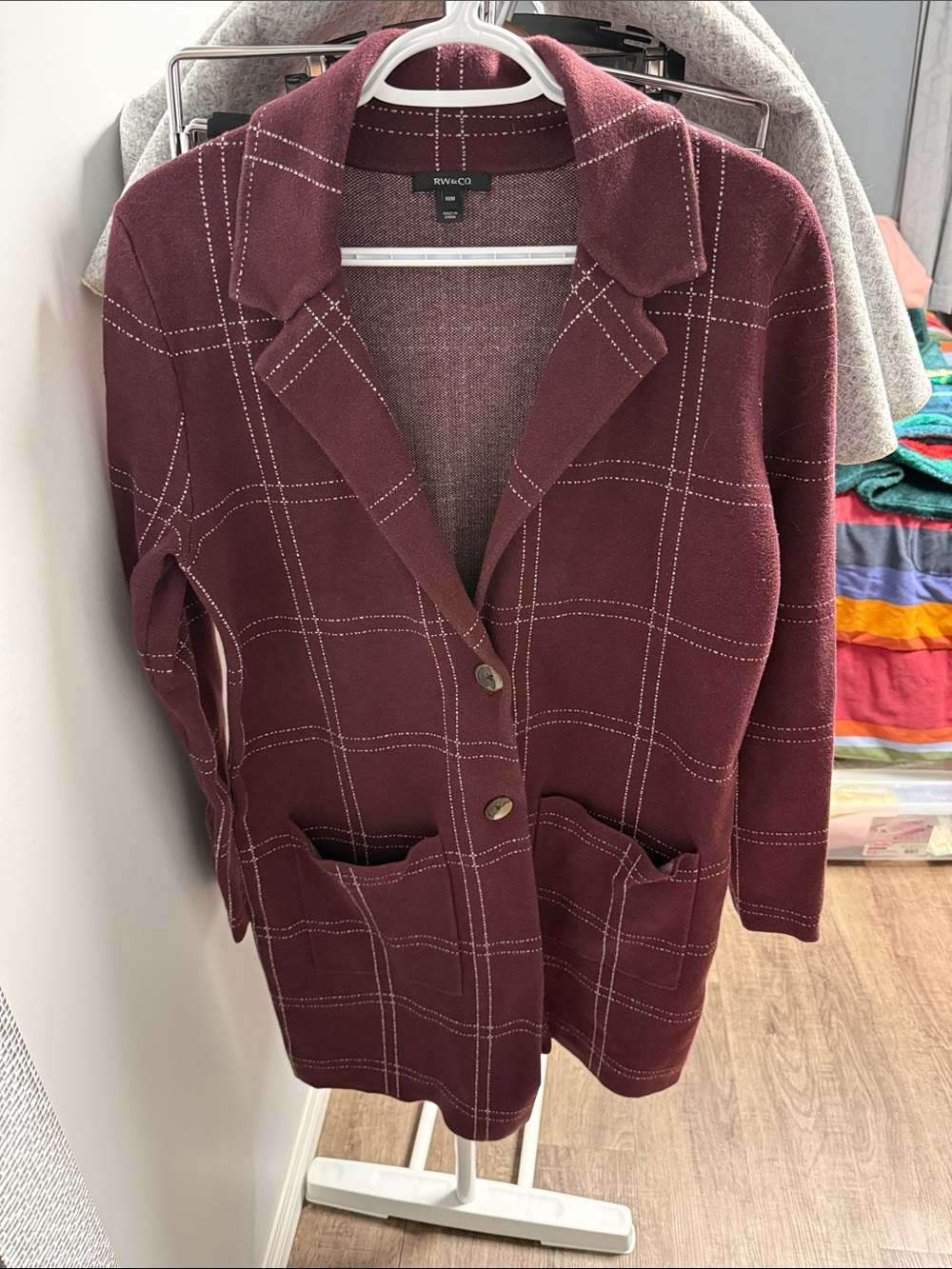 RW&CO. Burgundy Windowpane Knit Blazer Jacket